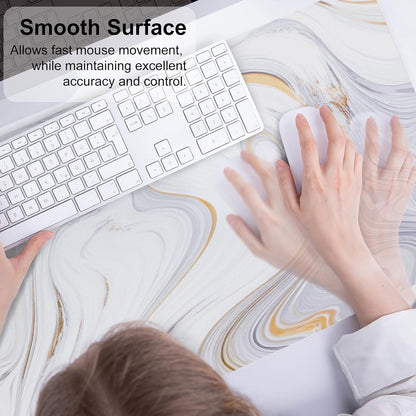 White Mouse Pad, Cute Marble Large Desk Mat, PU Leather Desk Protector Mousepad, Gold Grey Striped Waterproof Computer Keyboard Gaming Mouse Pads, Non Slip Extended Writing Pad 31.5" X 15.7"