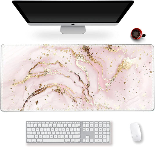 Extended Gaming Mouse Pad XXL  Large Keyboard Mat Long Mousepad Desk Decor Writing Pad Non Slip Rubber Base Stitched Edges for Work, Game, Office, Home, 35.1" X 15.7" , Pink Marble